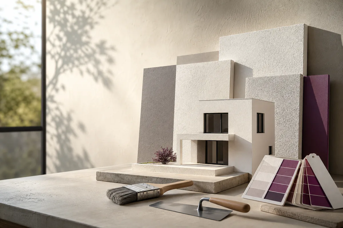 Modell einer modernen Hausfassade mit Putzmustern, Farbpalette und Werkzeugen