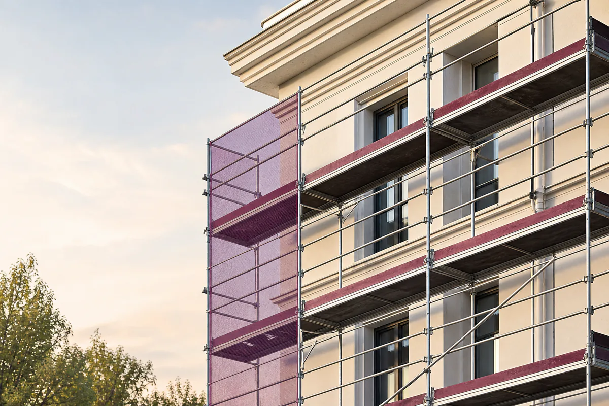 Safely erected façade scaffolding on a light house exterior with violet protective mesh