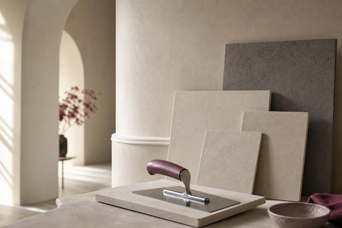 Finishing trowel in front of different light and dark interior plaster samples