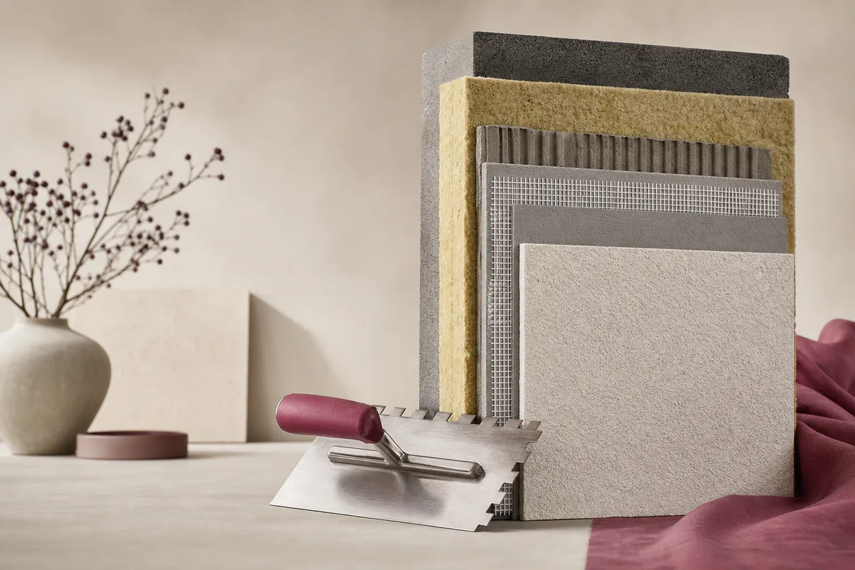 Cutaway-style view of a thermal insulation system with insulation board, reinforcement and light rendered finish
